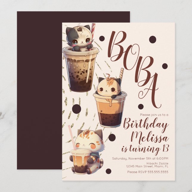 Cute Boba Cat Cartoon Birthday Party Invitation (Front/Back)