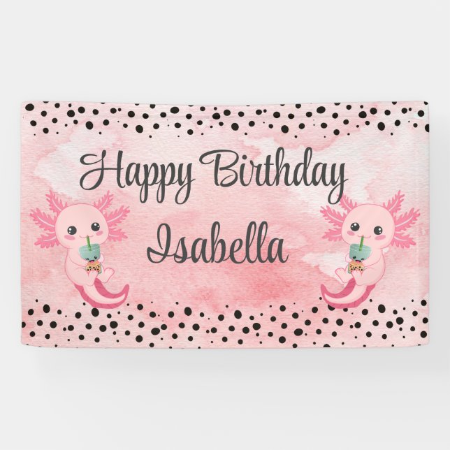 Cute Boba Tea Axolotl Party Backdrop Banner (Horizontal)