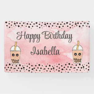 Cute Boba Tea Birthday Backdrop Banner