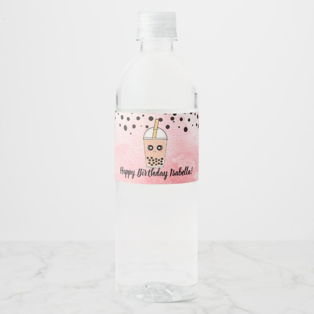 Cute Boba Tea Birthday Party Water Bottle Label (Front)