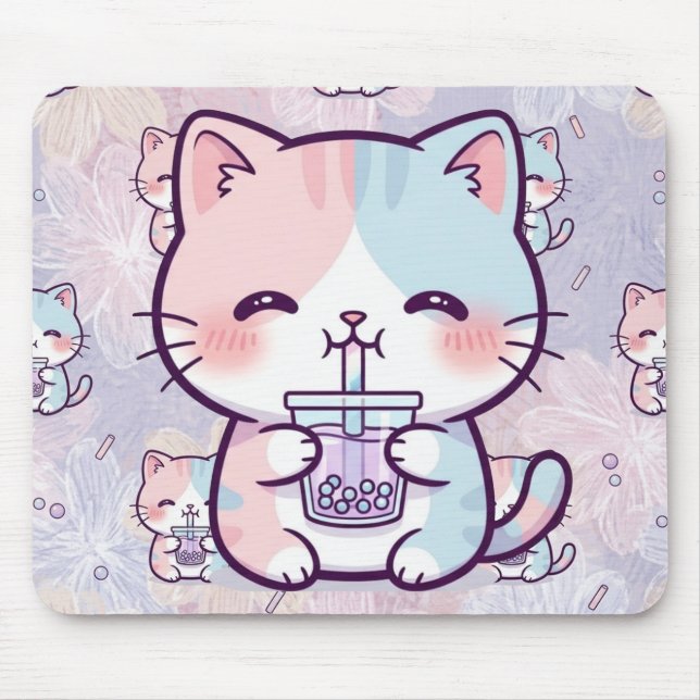 Cute Boba Tea Kitten Mousepad - Aesthetic Pastel  (Front)
