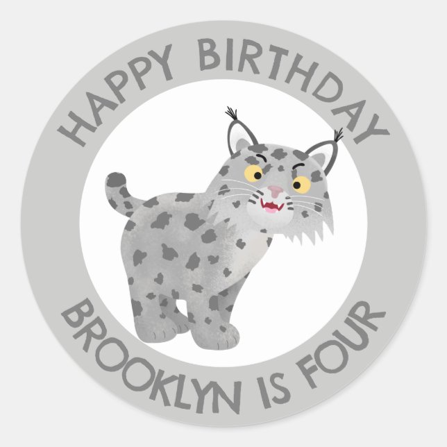 Cute bobcat lynx cartoon personalised birthday classic round sticker (Front)