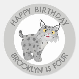 Cute bobcat lynx cartoon personalised birthday classic round sticker