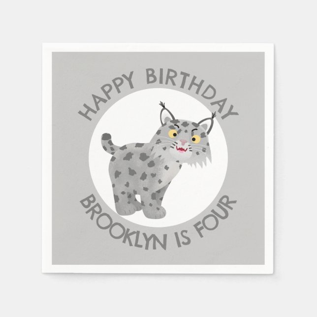 Cute bobcat lynx cartoon personalised birthday napkin (Front)