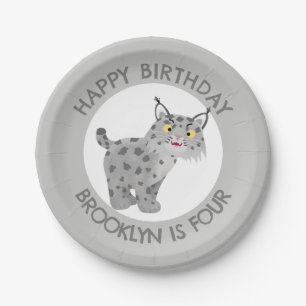 Cute bobcat lynx cartoon personalised birthday paper plate