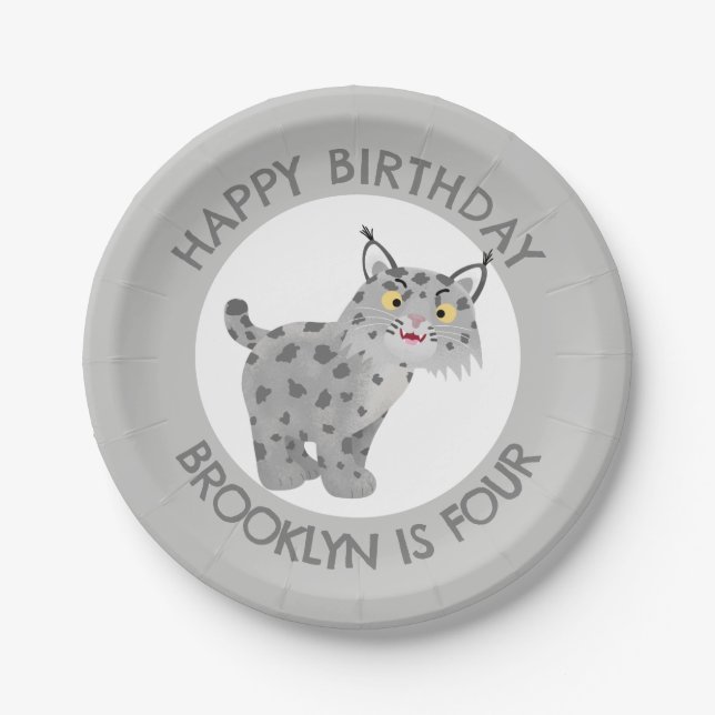 Cute bobcat lynx cartoon personalised birthday paper plate (Front)