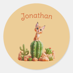 Cute Bobcat on cactus Classic Round Sticker