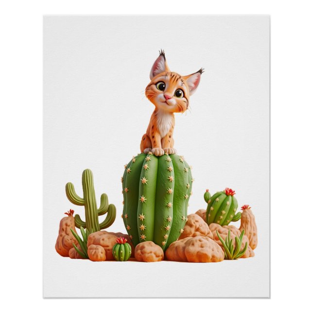 Cute Bobcat on cactus Poster (Front)