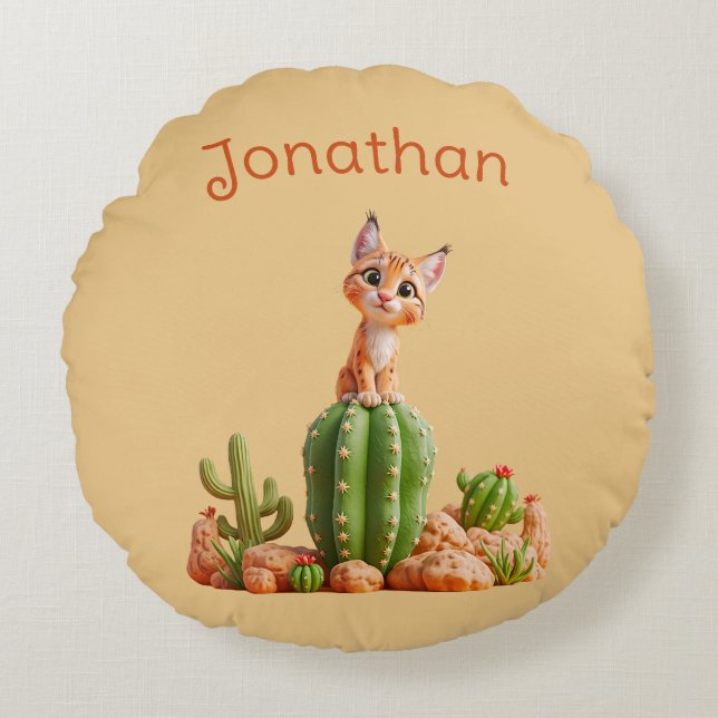 Cute Bobcat on cactus Round Cushion (Front)