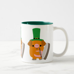 Cute Bodhran Playing Cartoon Pig Two-Tone Coffee Mug