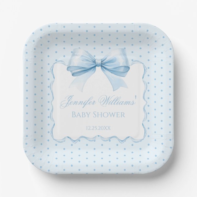 Cute bohemian blue bow ribbon baby boy shower paper plate (Front)