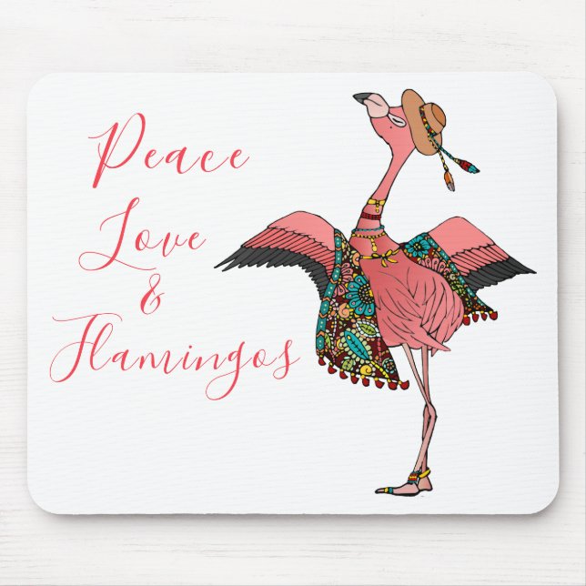 Cute Bohemian Flamingo Peace Love & Flamingos Mouse Mat (Front)