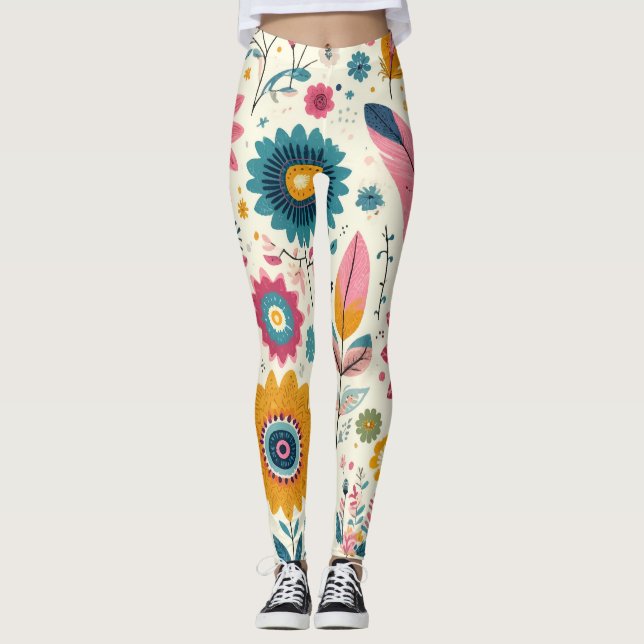 Cute Bohemian Flowers Feathers Print Leggings (Front)