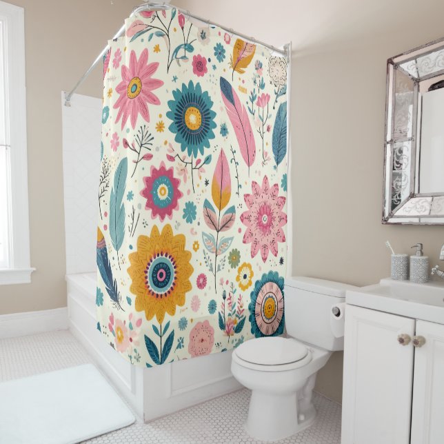 Cute Bohemian Flowers Feathers Print Shower Curtain (In Situ)