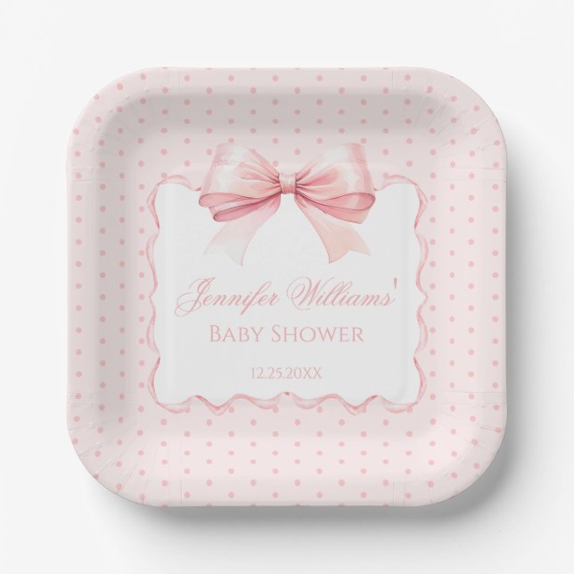 Cute bohemian pink bow ribbon baby girl shower paper plate (Front)