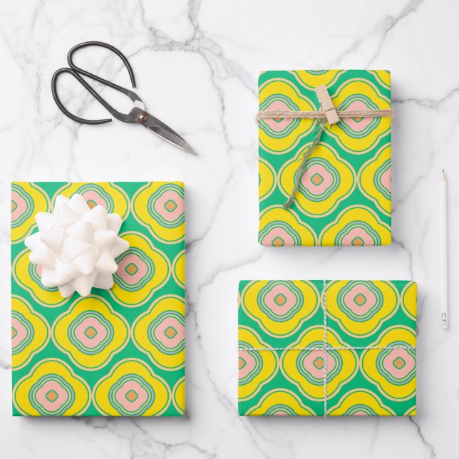 Cute Boho 70s Retro Shapes Pattern Green Yellow  Wrapping Paper Sheet (Front)