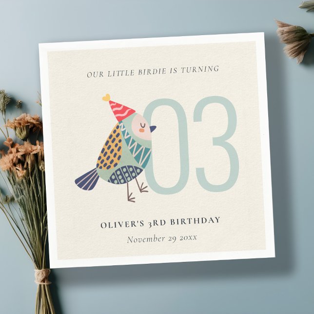 Cute Boho Aqua Blue Birdie Any Age Birthday Napkin (Creator Uploaded)