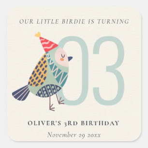 Cute Boho Aqua Blue Birdie Any Age Birthday Square Sticker