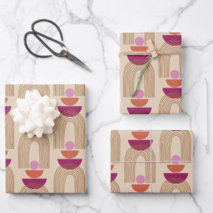 Cute Boho Arch Line Shapes in Fuchsia and Gold Wrapping Paper Sheet
