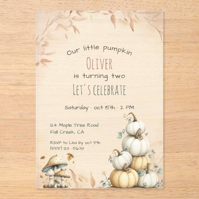 Cute boho Autumn Our little pumpkin birthday Acrylic Invitations (Front)