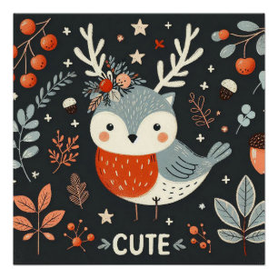 Cute Boho Autumn Robin wreath Wall Decal Poster