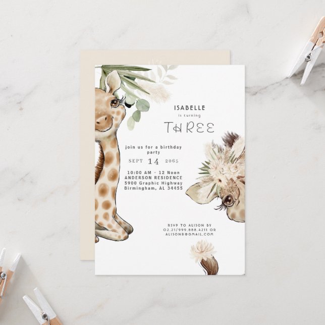 Cute Boho Baby Giraffe Pampas Birthday Party  Invitation (Front/Back In Situ)