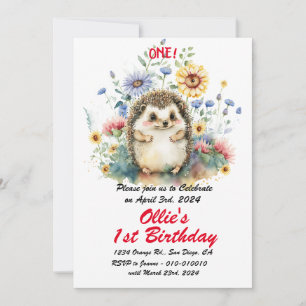 Cute Boho Baby Hedgehog 1st Birthday Party Invitation