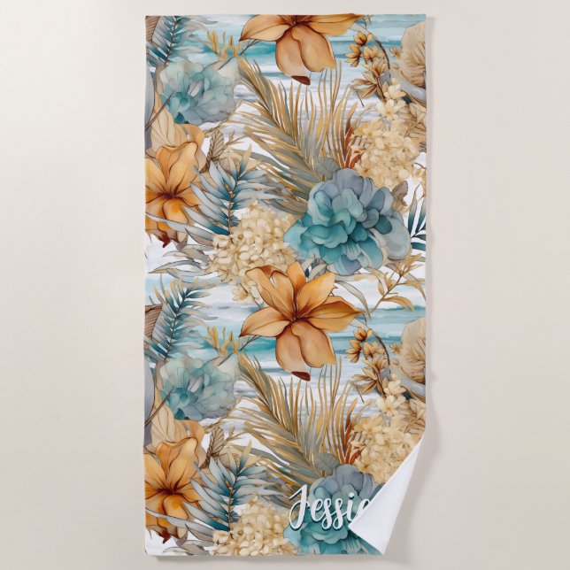 Cute Boho Beach Botanicals Blue Peach Florals Beach Towel (Front)
