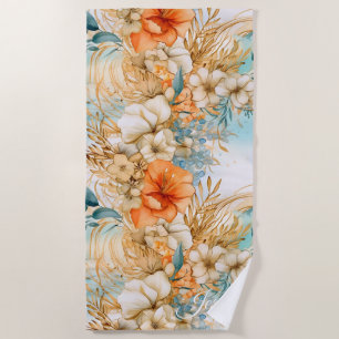 Cute Boho Beach Botanicals Blue Peach Florals Towel