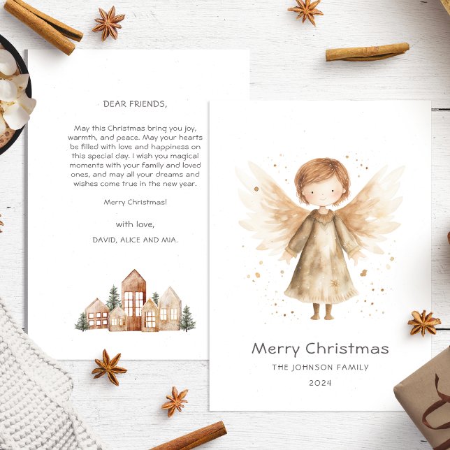Cute Boho Beige Christmas Baby Angel Holiday Card (Creator Uploaded)