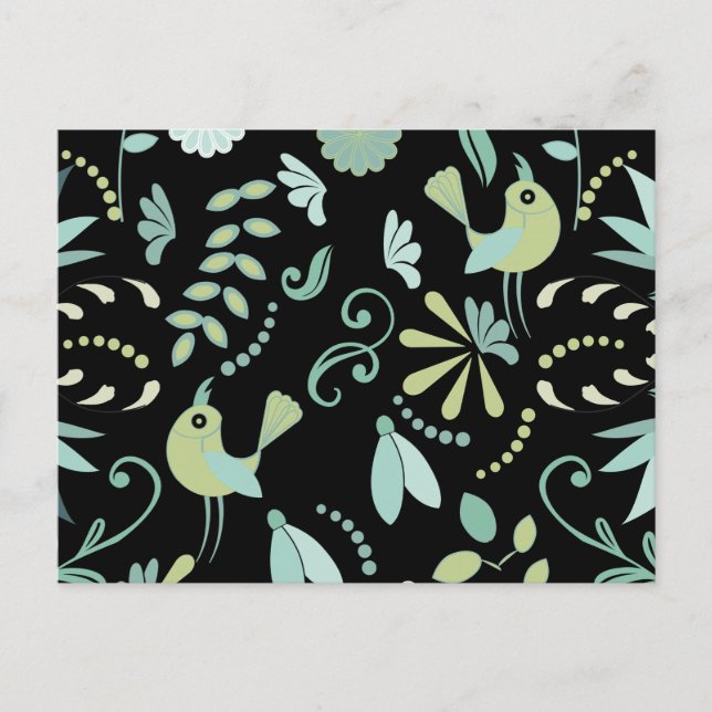 Cute boho birds flowers blue green black postcard (Front)