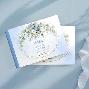 Cute Boho Blue Gold Floral Baby Shower Guest Book