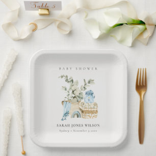 Cute Boho Blue Nursery Foliage Boy Baby Shower Paper Plate