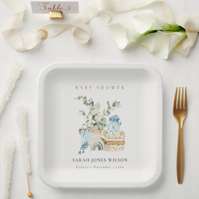 Cute Boho Blue Nursery Foliage Boy Baby Shower Paper Plate (Wedding)