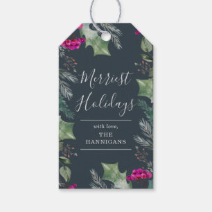 Cute Boho Blue Pink Botanical Holiday Gift Tags