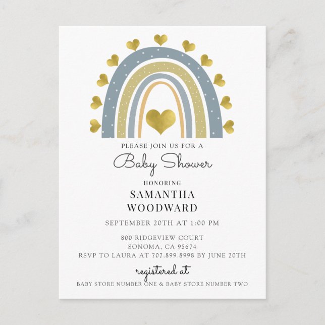 Cute Boho Blue Rainbow Baby Boy Shower Invitation (Front)