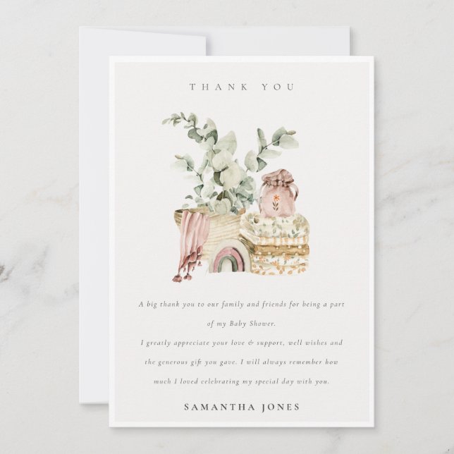 Cute Boho Blush Nursery Foliage Girl Baby Shower Thank You Card (Front)