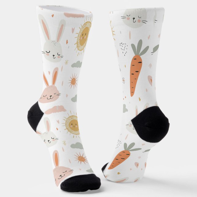 Cute Boho Bunny and Carrots Socks (Angled)