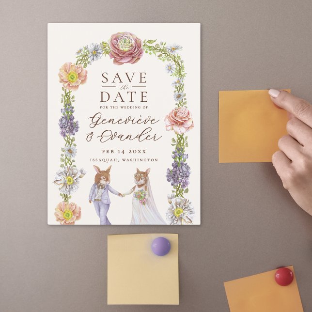 Cute Boho Bunny Love Floral Wedding Save the Date Magnetic Invitation (Illustrated bunny rabbit themed wedding save the date magnetic cards with watercolor flowers)
