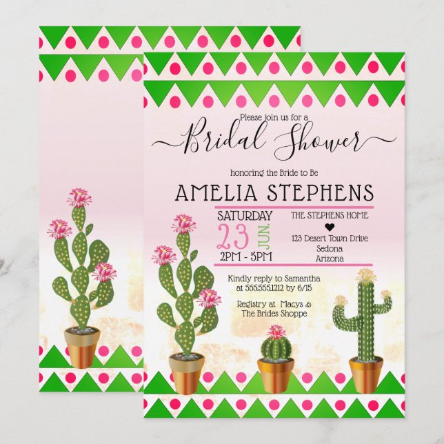 Cute Boho Chic Cactus Tribal Bridal Shower Invitation (Front/Back)