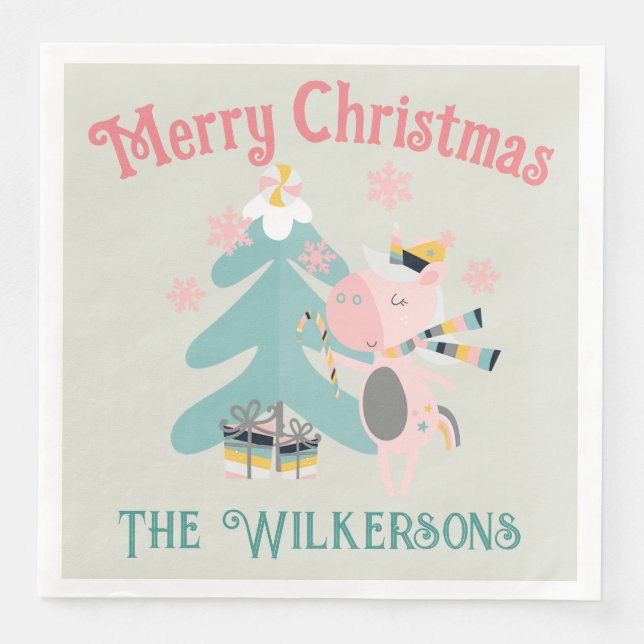 Cute Boho Christmas Unicorn on Sage Napkin (Front)