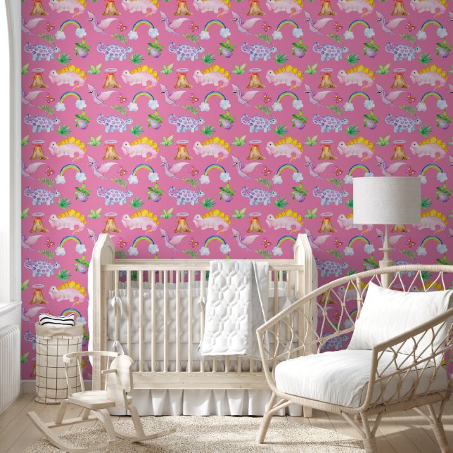 Cute Boho Colourful Dinosaurs Rainbows Pink Nurser Wallpaper (Kids)