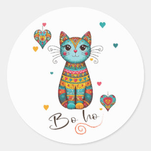 Cute Boho Colourful Floral Cat Classic Round Sticker