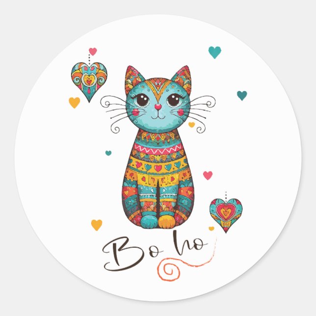 Cute Boho Colourful Floral Cat  Classic Round Sticker (Front)