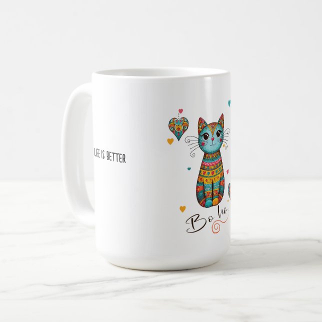 Cute Boho Colourful Floral Cat  Coffee Mug (Front Left)
