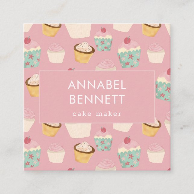 Cute Boho Cupcake Pattern Square Business Card (Front)