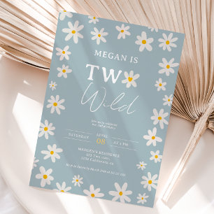 Cute boho daisy blue two wild 2nd birthday kids invitation