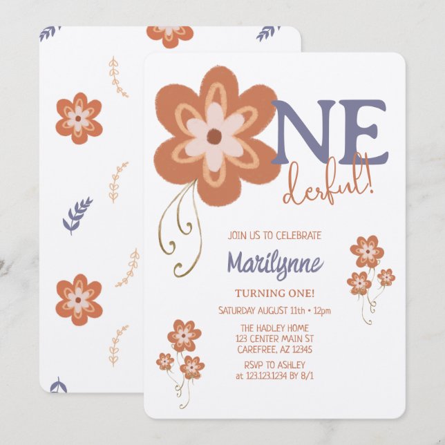 Cute Boho Daisy Onederful First Birthday Invitation (Front/Back)