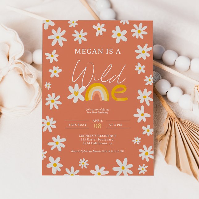 Cute boho daisy rainbow wild one 1st birthday kids invitation (Creator Uploaded)