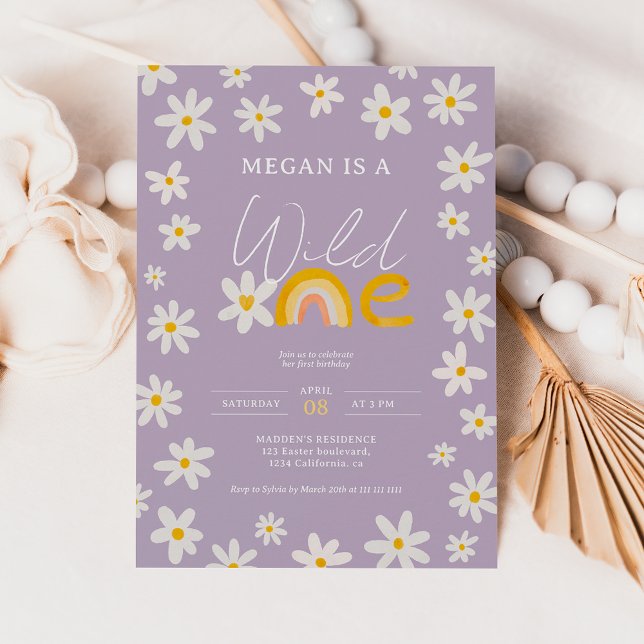 Cute boho daisy rainbow wild one 1st birthday kids invitation (Creator Uploaded)